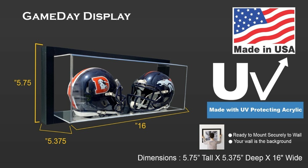 Framed Acrylic Wall Mount Double Mini Helmet Display UV Protecting Secure Mount
