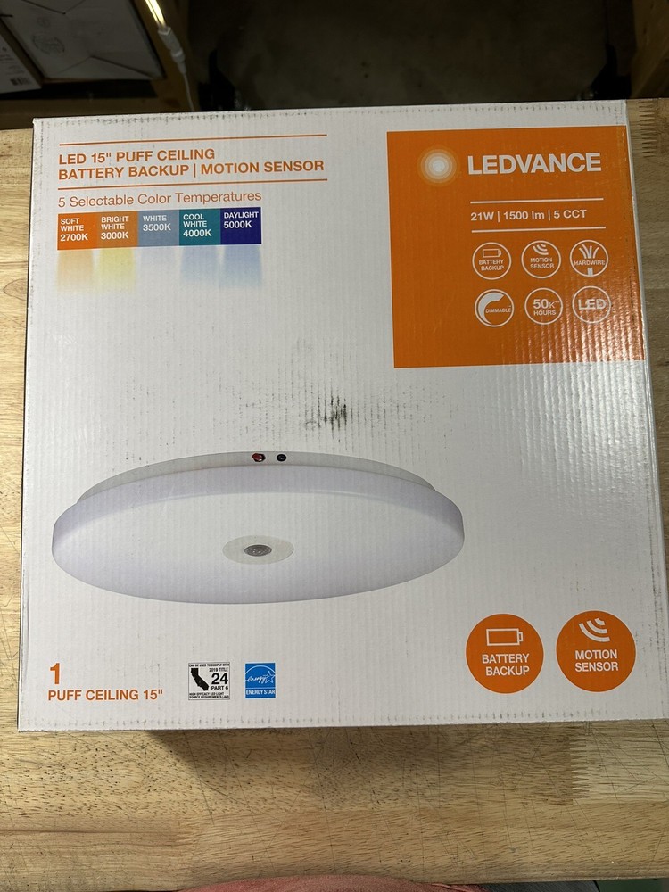 LEDVANCE 15” White Selectable LED Flush Mount with Motion Sensor and EM Backup