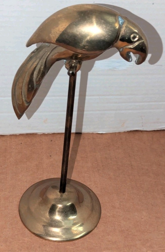 Vintage Solid Brass Parrot on Perch Stand Figurine Mid-Century Modern Decor