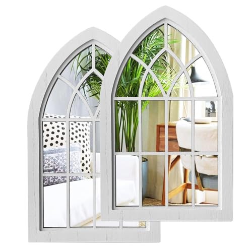 2PCS Arched Window Wall Mirror,Rustic Farmhouse Accent Arch White Set Style 2
