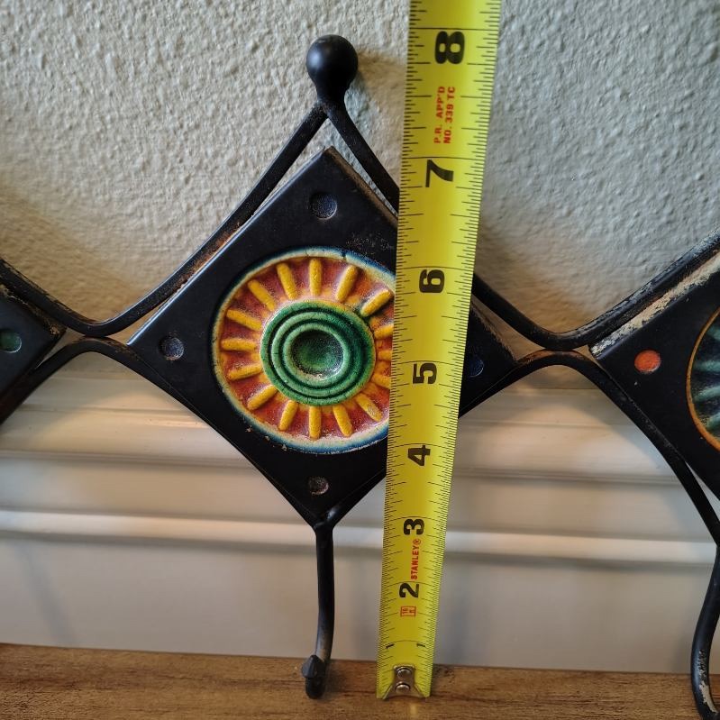 Vtg 90s Wrought Iron Ceramic Celestial Sun Coat Hanger Multicolor 3 Hooks Boho