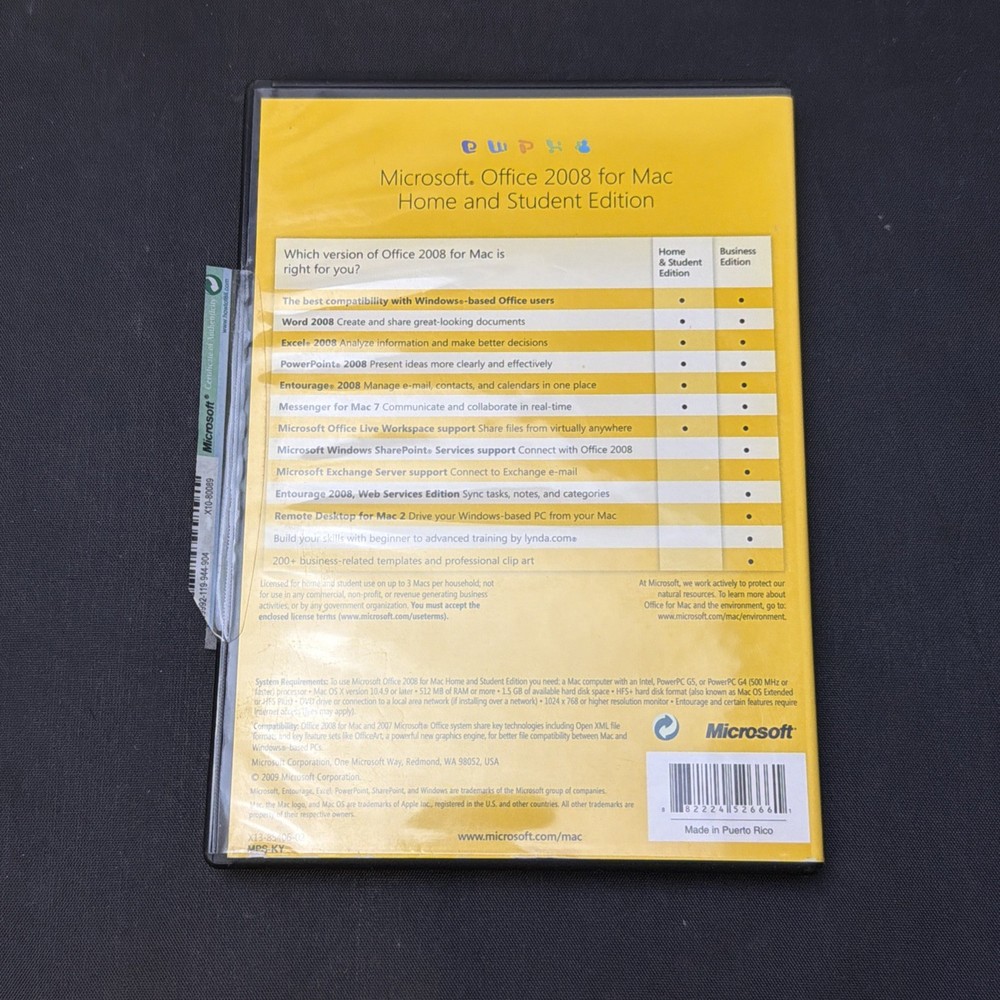 Microsoft Office Mac 2008 Home & Student Service Desk 3 Codes - Near Mint Disc