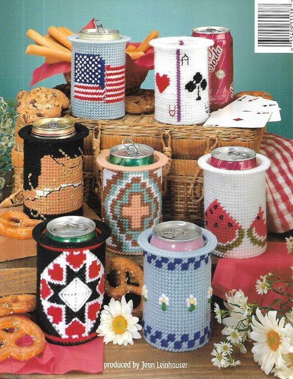 PLASTIC CANVAS CUTE CAN COVERS 13 CUTE DESIGNS
