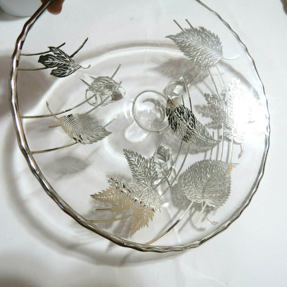 Rhodium Silver Plated Glass Candy Dish Leaf Pattern 7.5