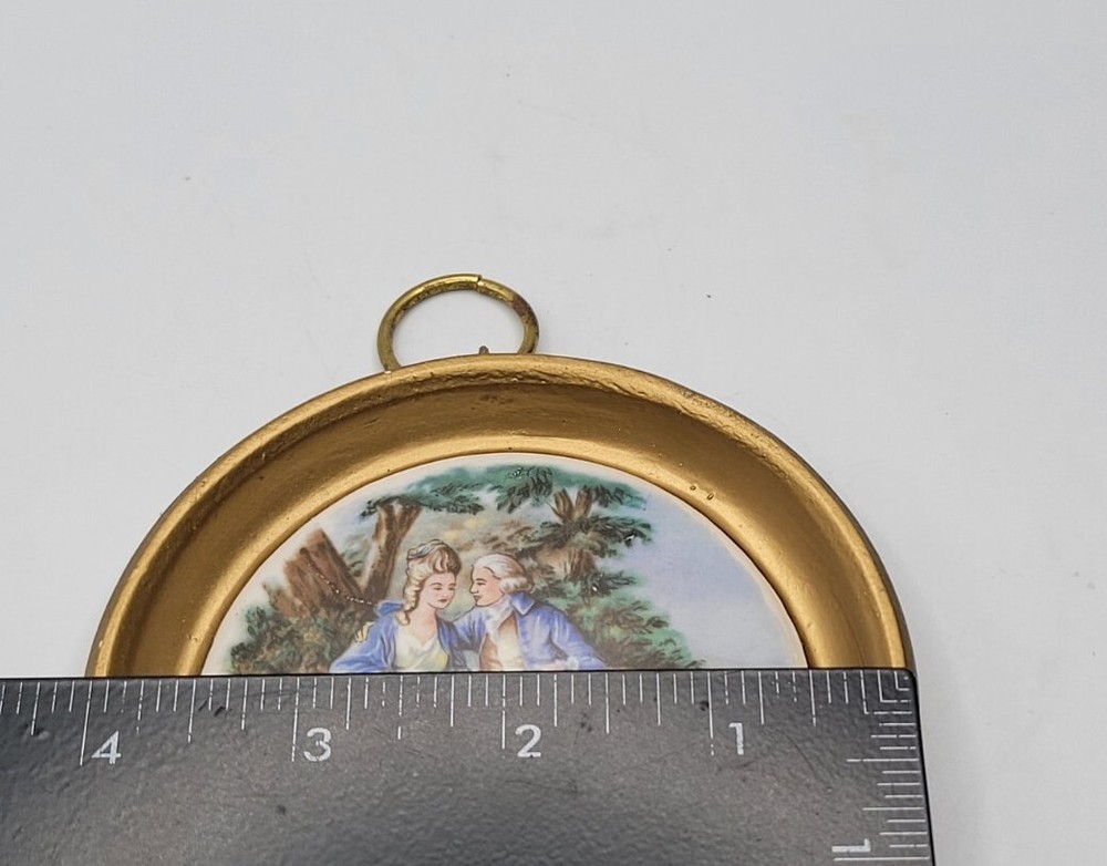 Victorian Hand Painted Courting Scene Tile • Chalkware Frame Wall Plaque •Signed