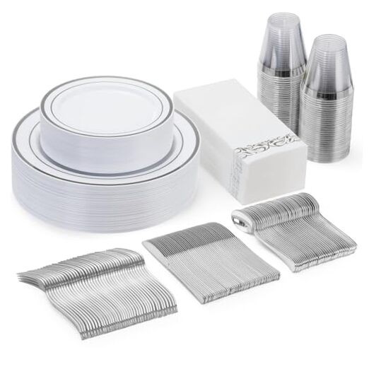 175 Pieces Dinnerware Set for Plastic Plates Disposable for Silver 25 Guests