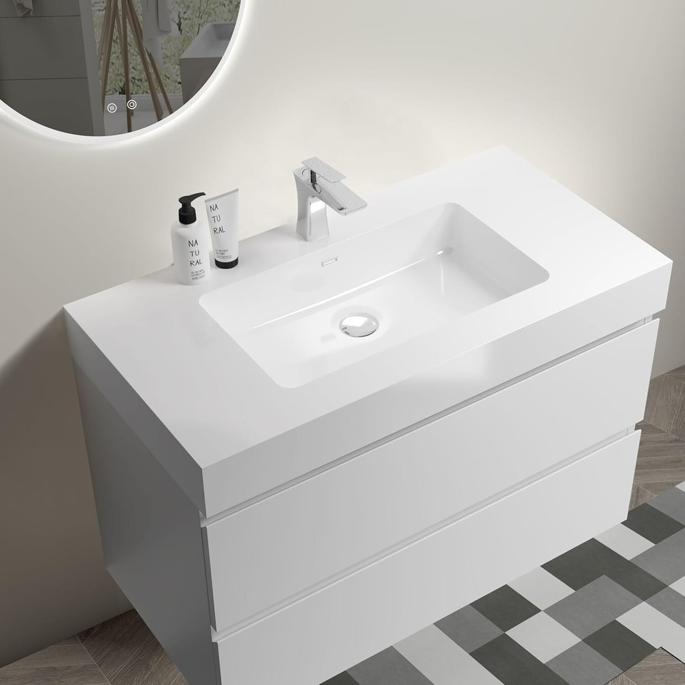 36 inch Integrated solid surface basin drain and faucet not included, glossy