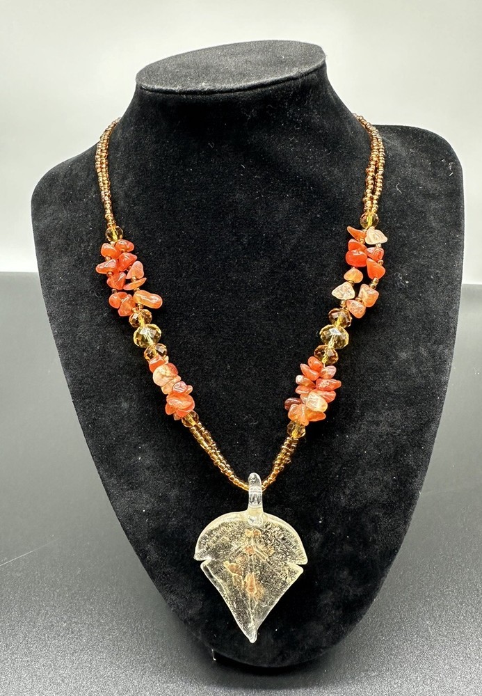 Resin Leaf Pendant Beaded Seeded And Orange Agate