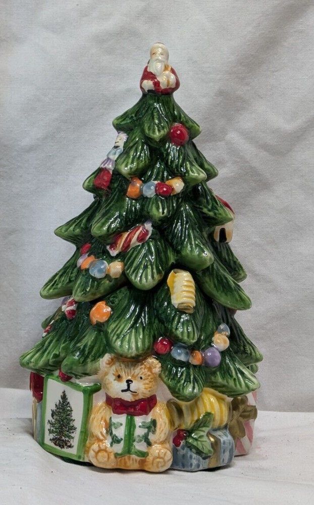 2 pc. 7" Spode Ceramic Decorated Xmas Tree Candy Box Hand Painted in Nice Con.