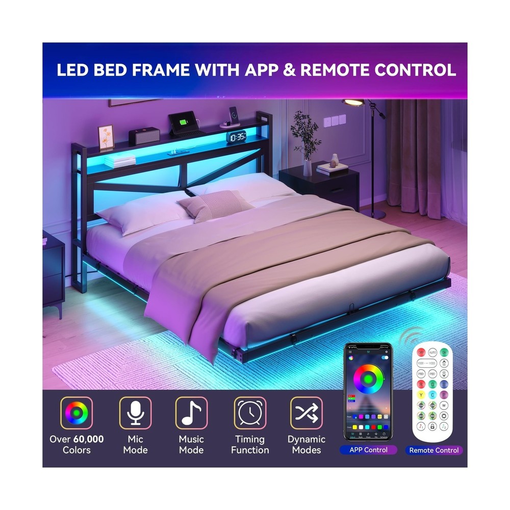 YITAHOME Full Size Floating Bed Frame with USB Charging Station Storage Headb...