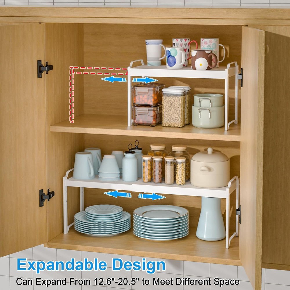 2 Pack Expandable Kitchen Cabinet Shelves Organizers, Stackable Adjustable Sm...
