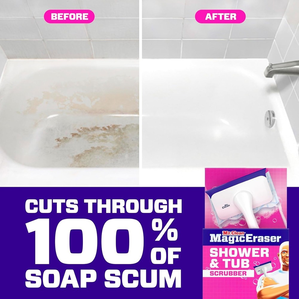 Mr. Clean Magic Eraser Shower & Tub Scrubber, 1 Device + 2 Refills, White