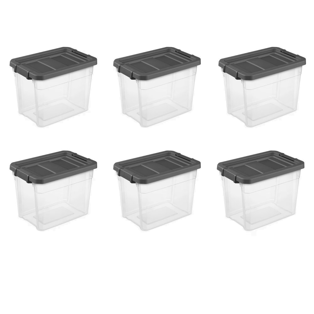 Sterilite 30 Qt Clear Stackable Storage Bin with Latch Lid, Dark Gray, 6 Pack