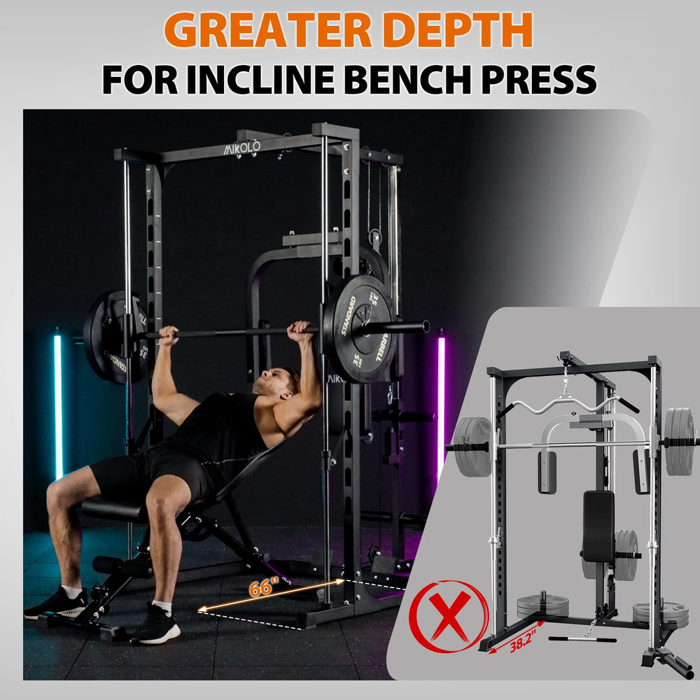 Smith Machine Home Gym, Multi-Functional Power Rack with Pec Deck Machine, Lat P