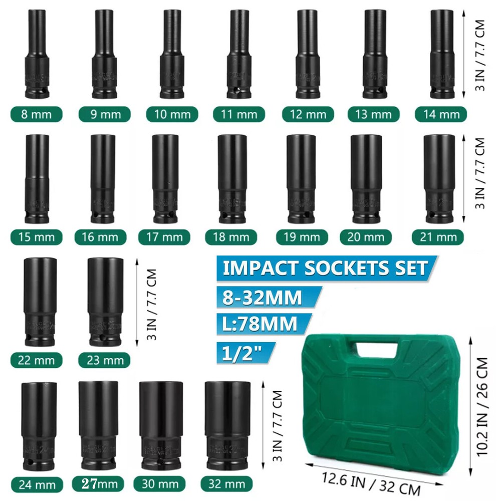 1/2" Drive Impact Socket Set 20 Piece Deep Socket 6 Point Metric Size (8-32mm)