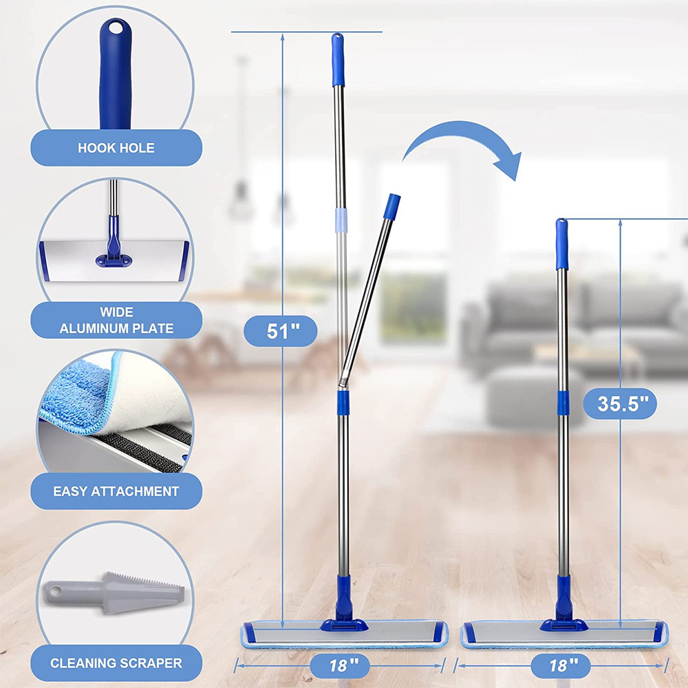 18" Professional Microfiber Mop Floor Cleaning System, Flat Mop with Stainless S
