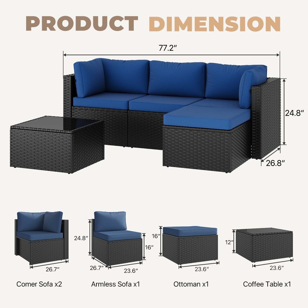 3-Piece Black Rattan Conversation Set Sofa Ottoman Table Navy Blue