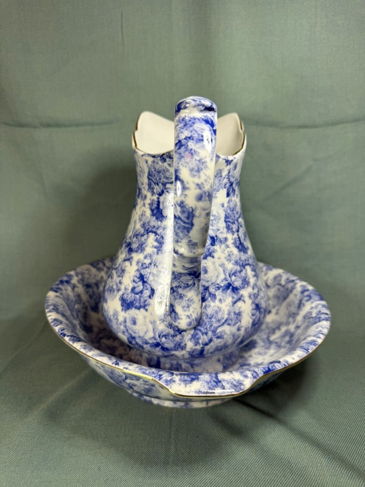 Handmade Pitcher & Basin Blue Transfer Gold Gilt Roses