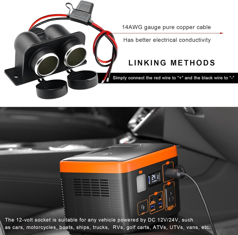 Cigarette Lighter Socket with Blade Fuse, Waterproof Auto Dual Socket Cigarette