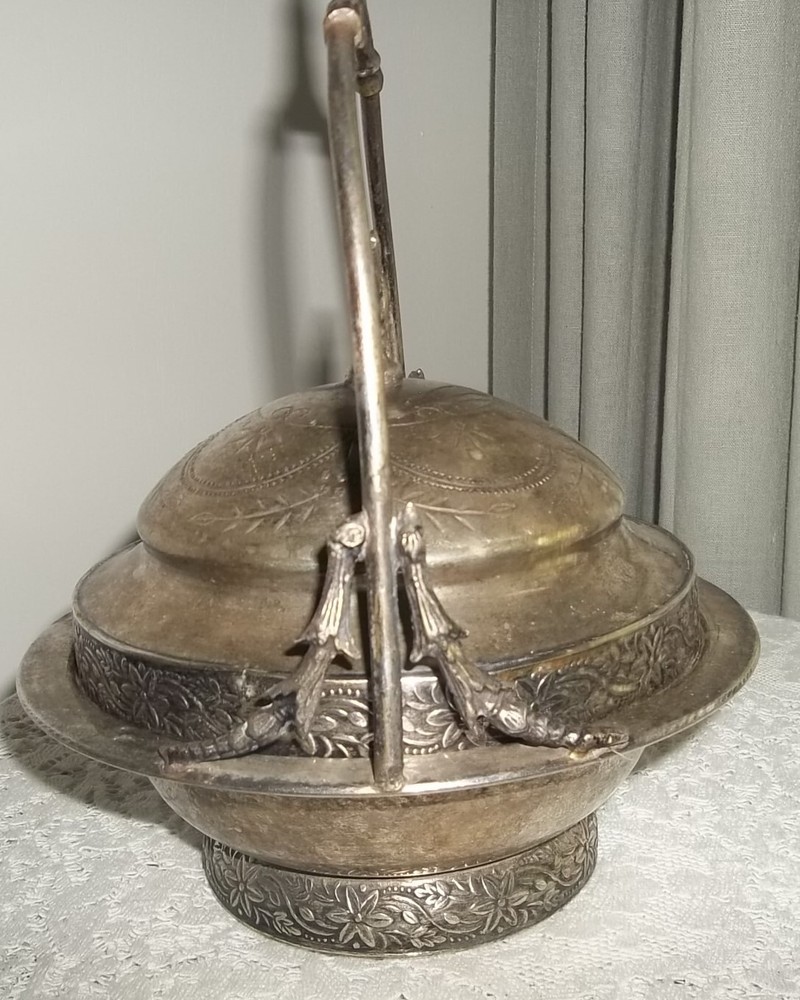 Antique VICTORIAN Silverplate Covered handled BOWL Dome