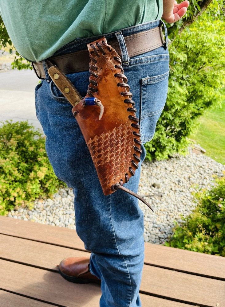 Old West Style Buffalo Skinner Knife, Custom Tooled Leather Sheath