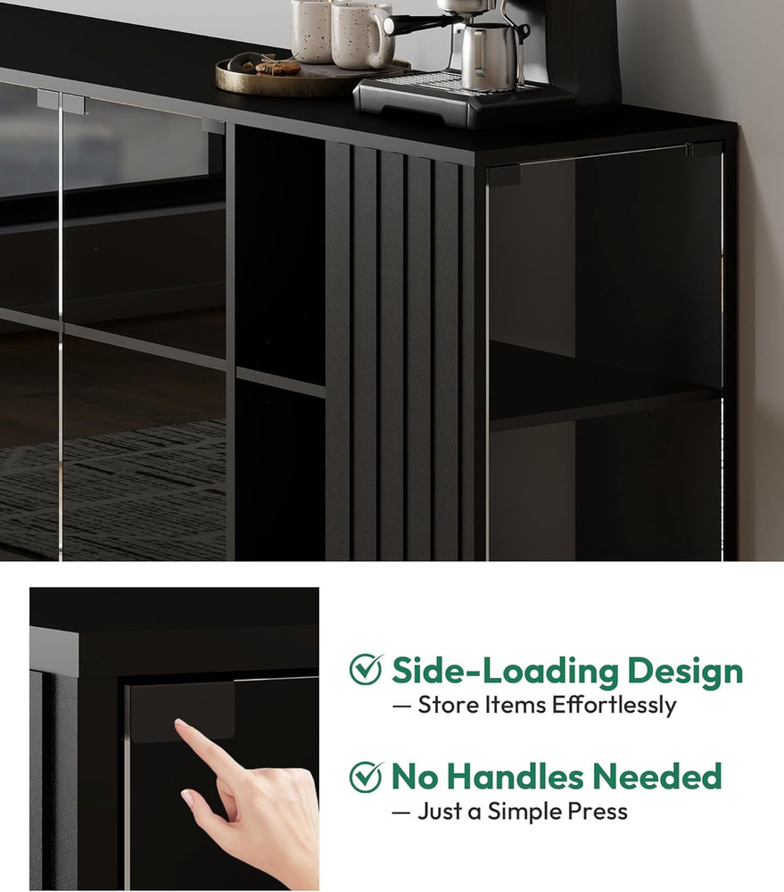 Modern Black Sideboard Buffet Cabinet with LED Lights & Glass Doors, 58