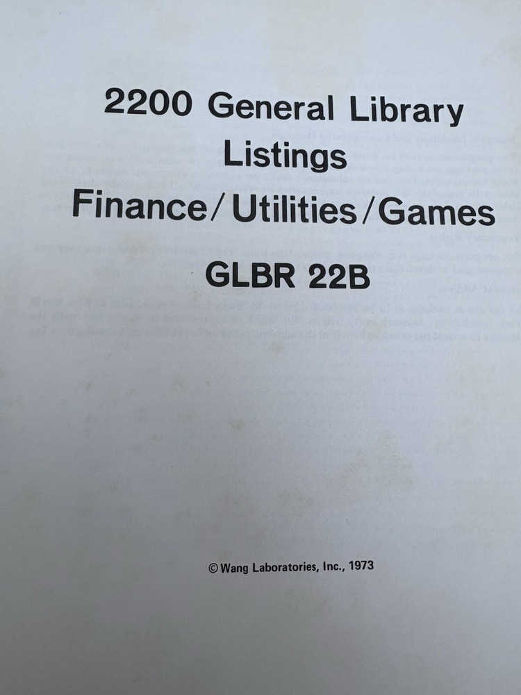 Wang "Basic" Language Programming Manuals: System GLBR 22B 2200 (1973) In Binder