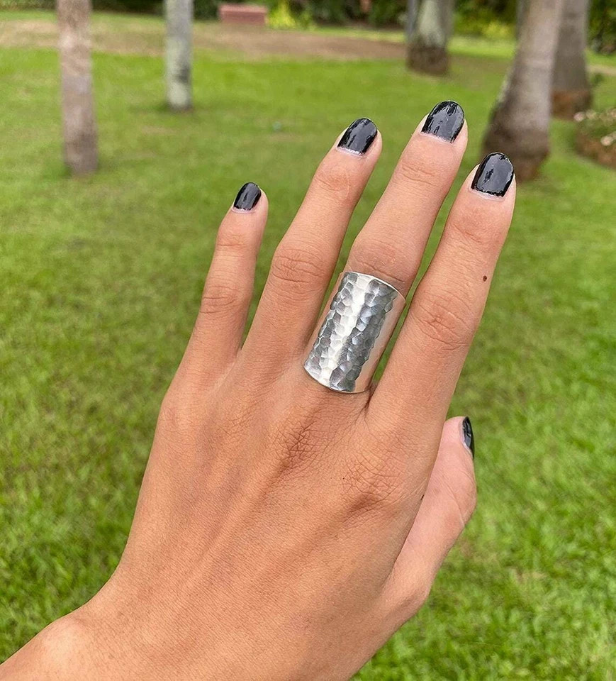 Solid 925 Sterling Silver Long Hammered Band Ring & Handmade Ring All Size R-148