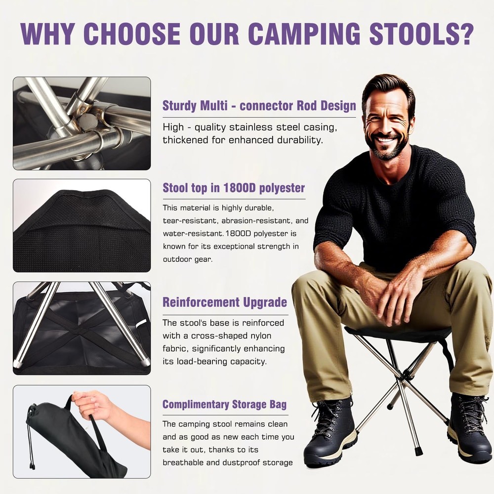 ® Ultra-Light Camping Stool - 1-Second Quick Setup, Adjustable Height & Folda...