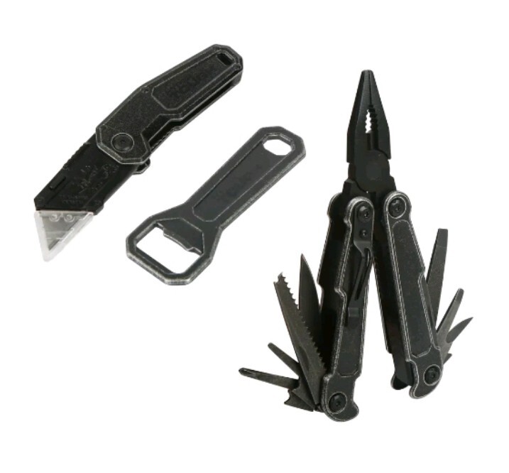 Multitool bundle w/ box knife & bottle opener.  Black metal. Camping / Emergency