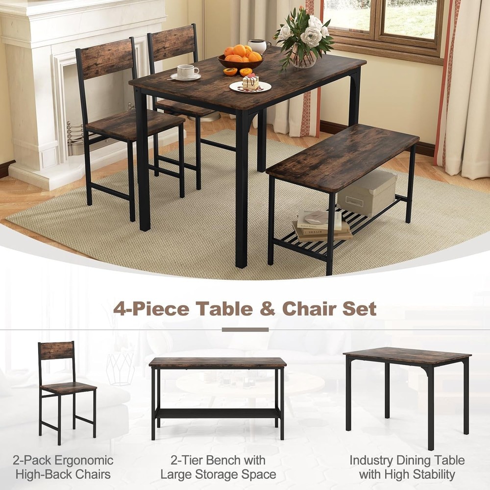 Dining Table Set 4 Kitchen Table W/ Bench & Chairs Industrial Gathering Bench