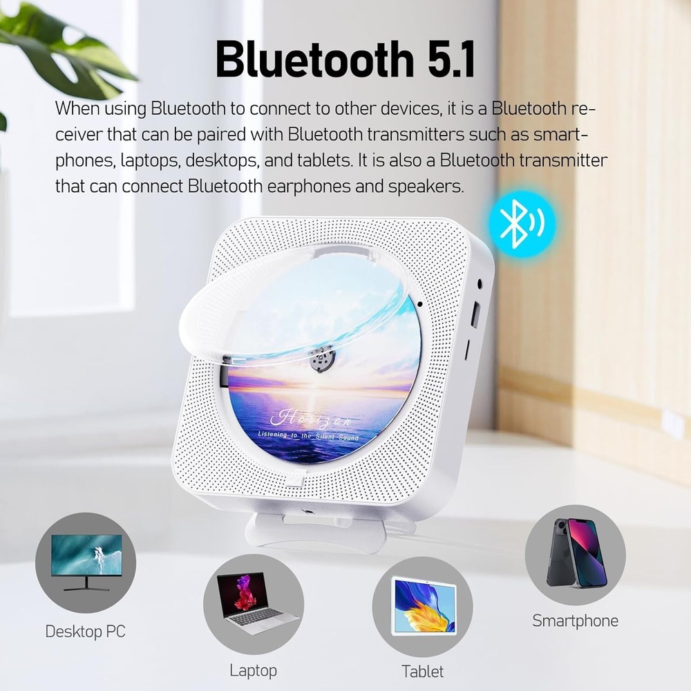 Stylish Portable CD Player with Remote Control & Bluetooth Speakers – 6.5 inches