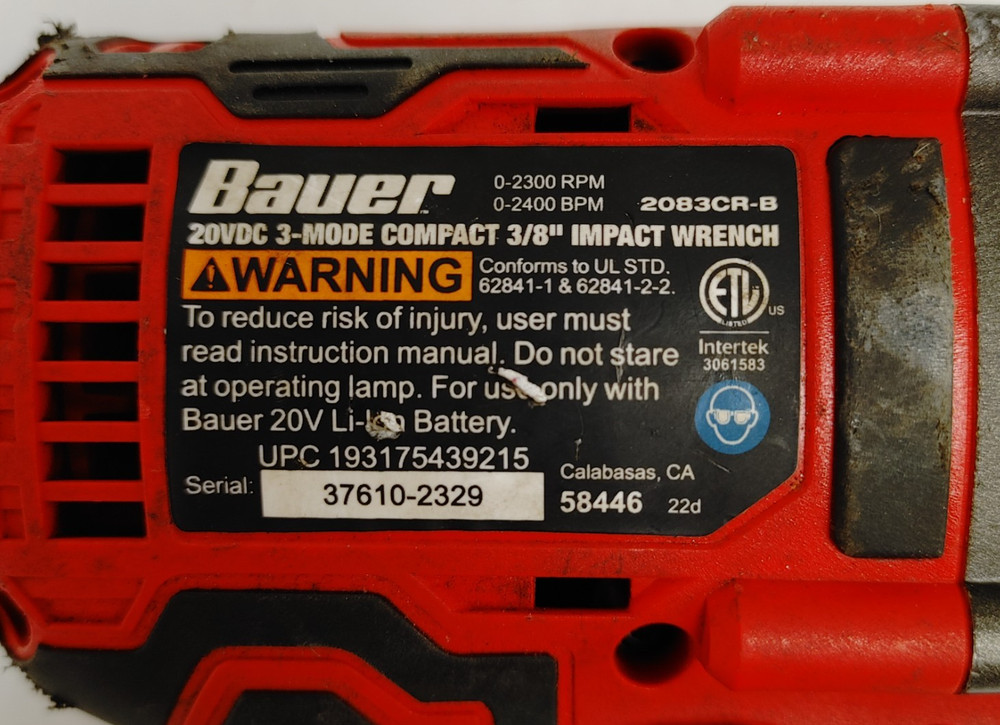 BAUER 20 VOLT 3/8" CORLDESS IMPACT WRENCH (TOOL ONLY)