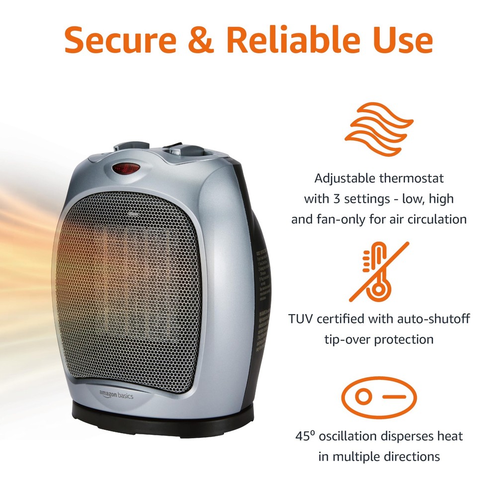 Amazon Basics Oscillating Ceramic Space 7.52"D x 6.34"W x 9.45"H, silver