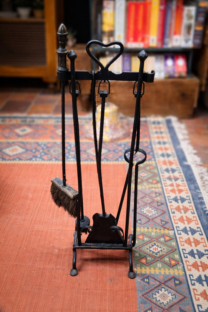 Vintage Wrought Iron Fireplace Tool Set with Brass CLOSED Handle