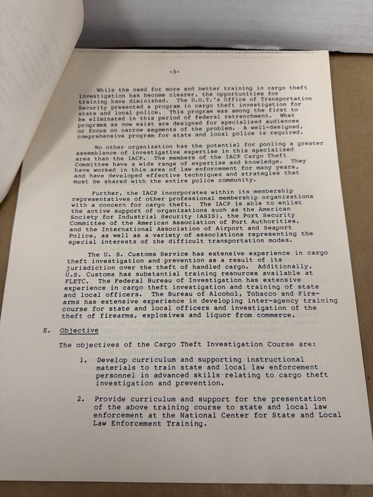 1982 FBI ATF Customs Cargo Theft Training Agreement Draft