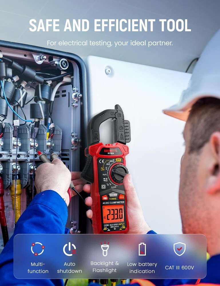 KAIWEETS Digital Clamp Meter Multimeter with D-Shaped Jaw for AC/DC Current &...