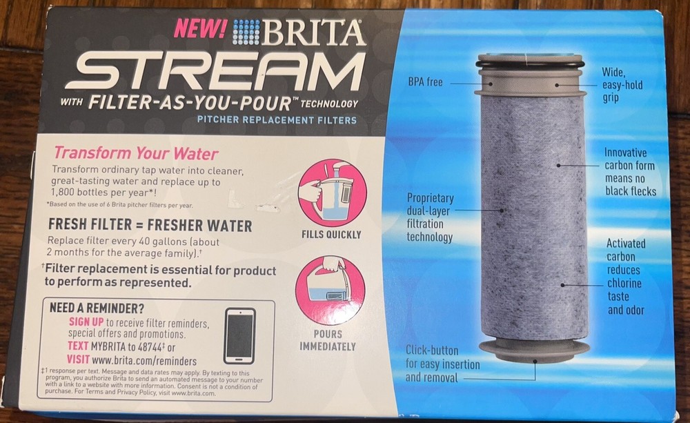 BRITA STREAM W/ FILTER-AS-YOU-POUR PITCHER REPLACEMENT FILTERS 3 PACK NEW