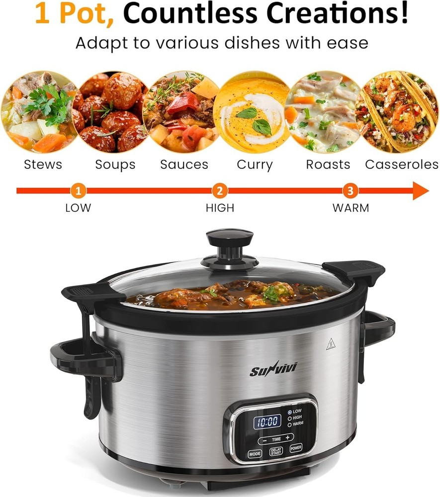 4QT Programmable Slow Cooker with Locking Lid, Removable Ceramic Pot, 3 Heati...