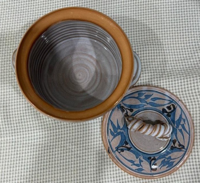 Studio Art Pottery Signed 8” Diameter Crock With Lid Curly Handle
