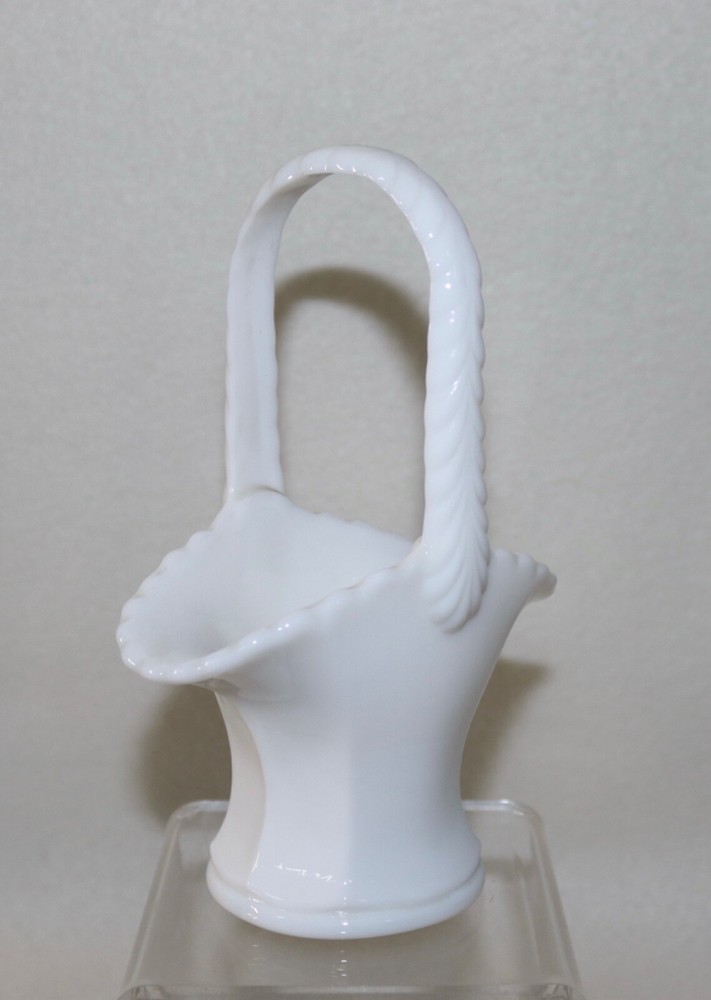 Miniature Milk Glass Panel Basket With Handle 6.25” Tall