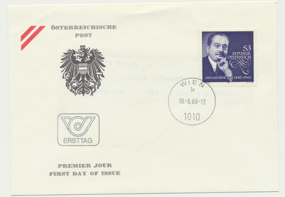 Austria Sc. 1160 Leo Ascher Composer on 1980 FDC