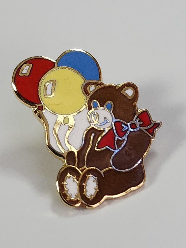 Teddy Bear With Balloons Lapel Pin Yellow Red & Blue Small Size