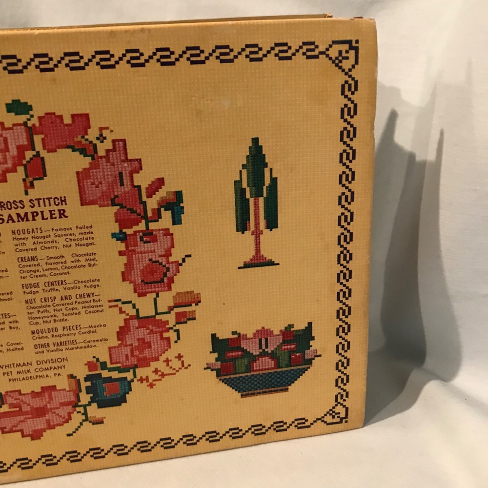 Whitman's Chocolates & Confections Cross Stitch Sampler Empty Hinged Box $11.99