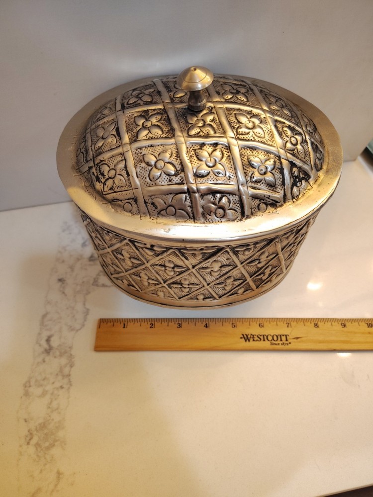 Silver Plate Salt Cellar Lidded Caddy Embossed India