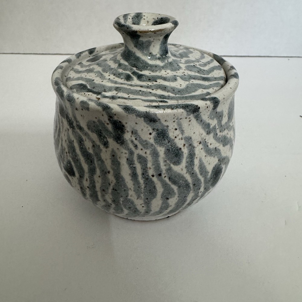 Studio Pottery Lidded Jar Signed 1987 Hand Thrown Ceramic Blue Gray Speckled