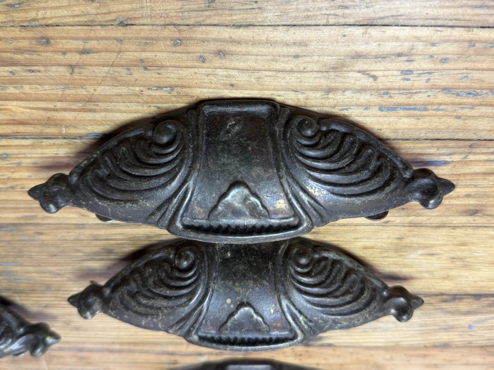 (INCLUDES 7) Vintage Antique Ornate Pressed Tin Cup Bin Pulls 6” (4” Spacing)