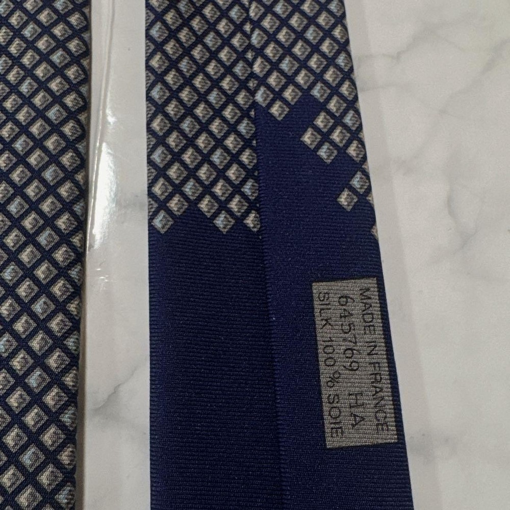 Hermes Square Pattern Tie Navy Gray Near with Box