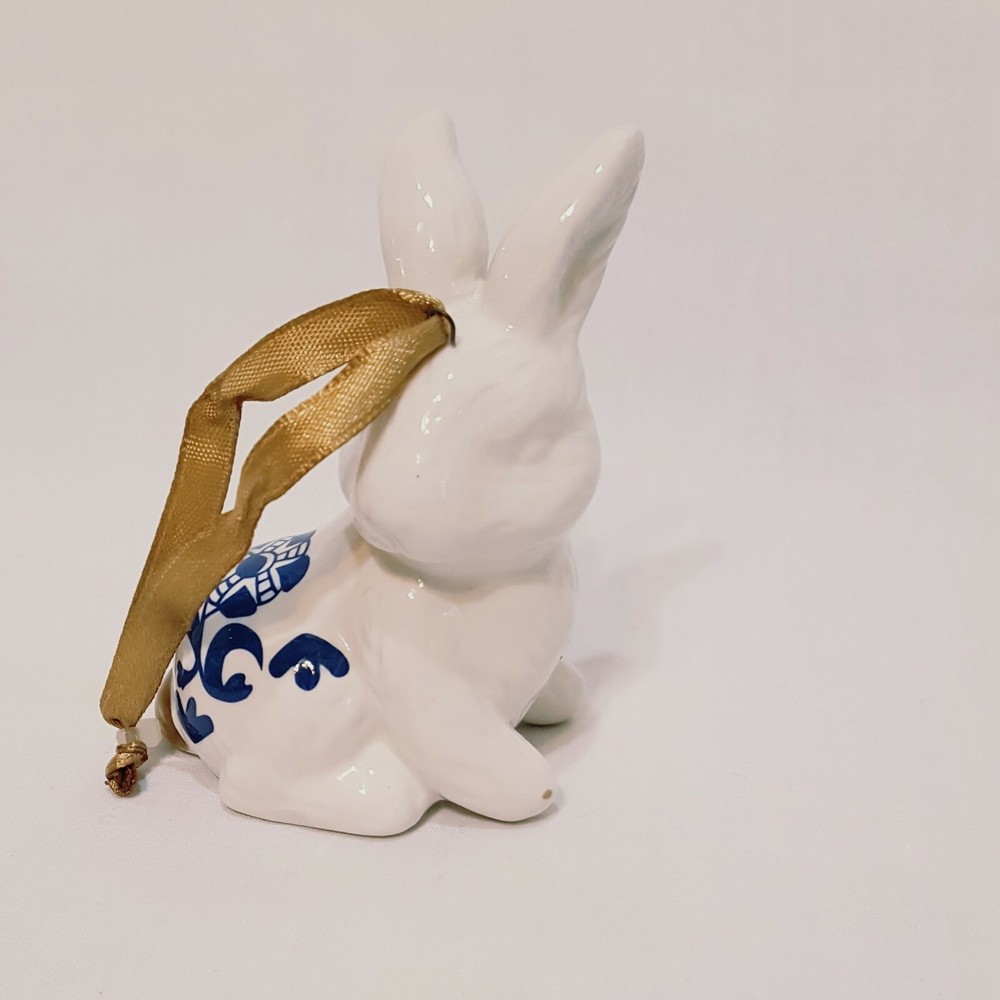 White Rabbit Blue Flower Ornament 3" Bunny Easter Ceramic