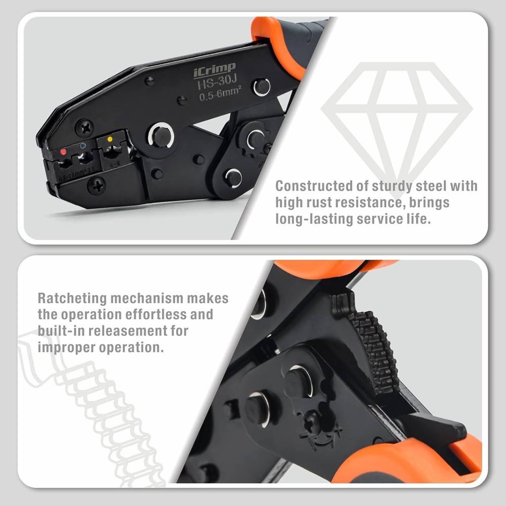 Ergonomic iCrimp Ratchet Crimper Set with 5 Interchangeable Jaws & Wire Stripper